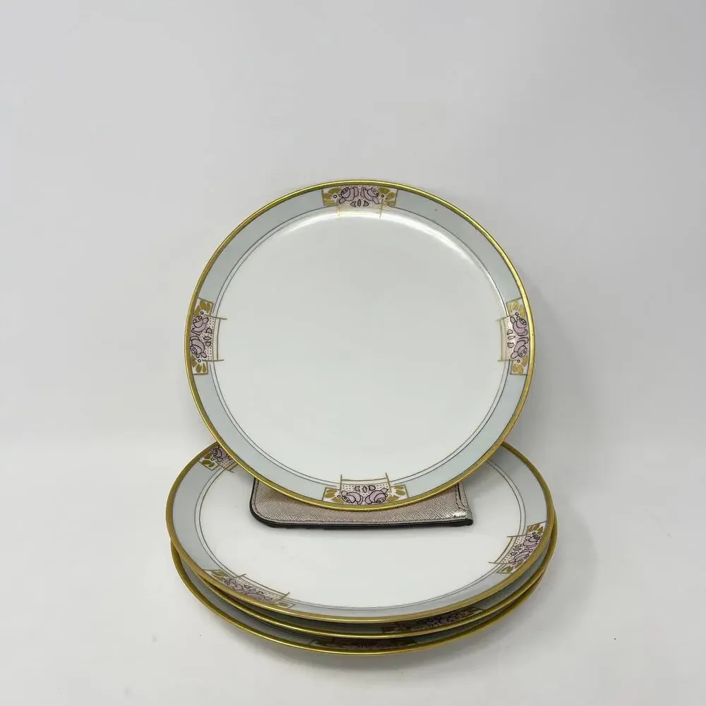 Haviland France White Gold Rim Pink Blue Art Deco Floral China Plate Set of‎ 4